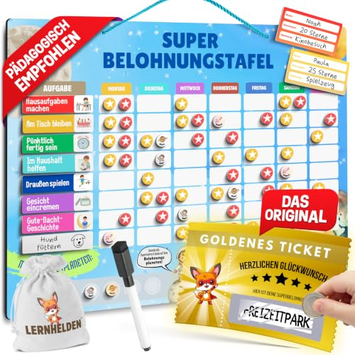 Belohnungstafel für Kinder 2026 - Magnetisches Belohnungssystem mit Tickets | Für bis zu 2 Kinder, 100 Aufgaben, +330 Magnete, 10 Goldene Tickets, 10 Rubbelsticker, fördert Selbstständigkeit und Routinen