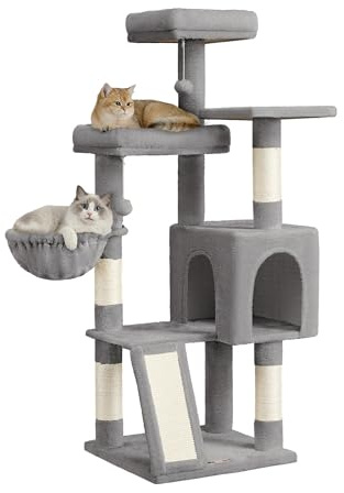 Feandrea Cat Tree, Cat Tower Condo with Scratching Posts and Ramp | 3 Large Beds, Cave, Basket, 2 Pompoms, 136 cm Tall, Dove Grey PCT012GD01