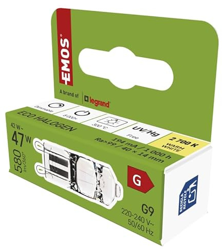 EMOS - Dimmbare G9 Halogenlampe 42W - Halogen G9-Stiftsockellampe 230 V - Helligkeit 580lm, Warmweiß 2700K - Lebensdauer 8000 Schaltzyklen - extrahohe Farbwiedergabe CRI 99,9