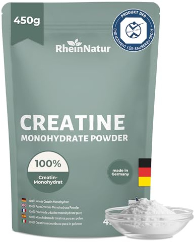 RheinNatur Pure Creatine Monohydrate, 450 g, 100 % reines Kreatin Pulver, mikronisiert, geschmacksneutral, für Kraft & Leistung, Made in Germany