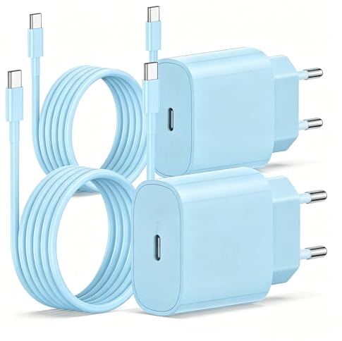 2Pack USB C Ladegerät Ladekabel für iPhone 17/17 Pro/16 Pro Max/15 Pro/15 Plus, iPad, MacBook, Samsung, 20W USB C Power Adapter Schnellladegerät mit Schnellladekabel 2M-Blau