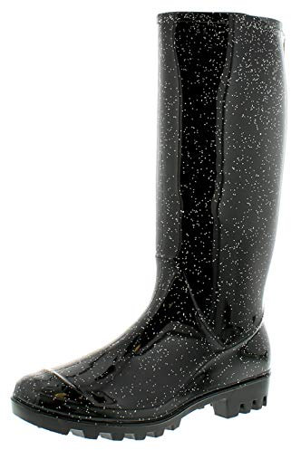 donna/da donna Nero gamba lunga Stivali di gomma in PVC con GLITTERATA finitura nero glitter - UK taglie 3-8 - nero glitter, 38