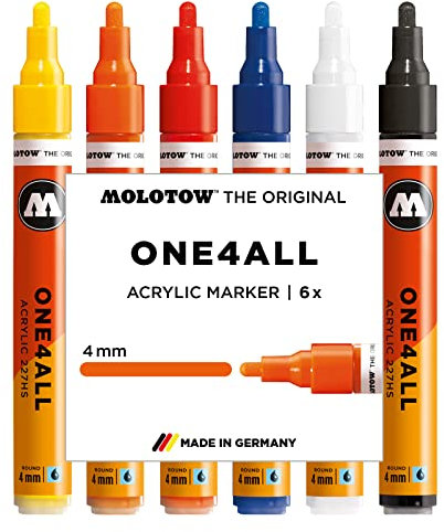 Molotow One4All 227HS Acryl Marker Basic-Set 1 (4,0 mm Strichstärke, hochdeckend und permanent, UV-beständig, für fast alle Untergründe) 6 Stück sortiert