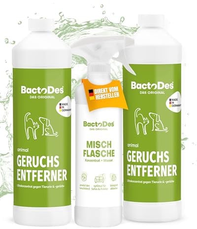 BactoDes - Animal Geruchsneutralisierer 2L Konzentrat mit Spray-Mischflasche - Starker Enzymreiniger Katzenurin, Hundeurin & Tiergerüche - Effektiver Geruchsentferner mit Bio Mikroben-Wirkung