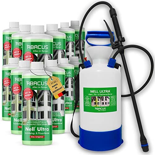 ABACUS® Nell Ultra Grünbelagentferner & Algenentferner, extrem stark! Entfernt Grünbelag & Algen selbsttätig mit Langzeitschutz – Algen- & Grünbelagentferner 12x1000ml mit Drucksprüher – Set XXL