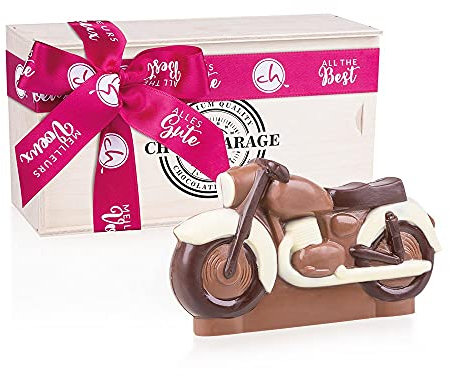 ChocoMotor II - Geburtstag - Schokolade - Motorrad aus Vollmilchschokolade | Holzkästchen mit Geburtstagsschleife | Geburtstagsgeschenk für Liebhaber von Motorrädern | Kinder | Erwachsene | Mann