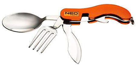 NEO TOOLS Mehrzweckwerkzeug, Alu-Grundkörper, Länge nach Zusammenklappen 100 mm, Masse 125 g, Messer, Löffel, Gabel, Flaschenöffner, Dosenöffner, Nylo