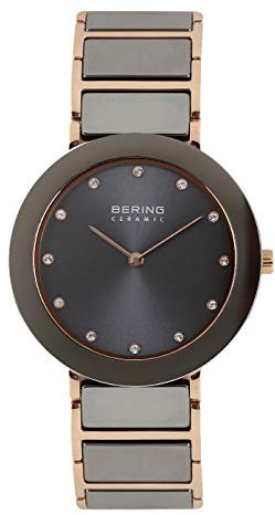 BERING Damen Quarz Uhr | Armbanduhr 35 mm roségoldenes Edelstahlgehäuse und graues Zifferblatt | Edelstahlband mit Keramikelementen | 3 ATM | 11435-769