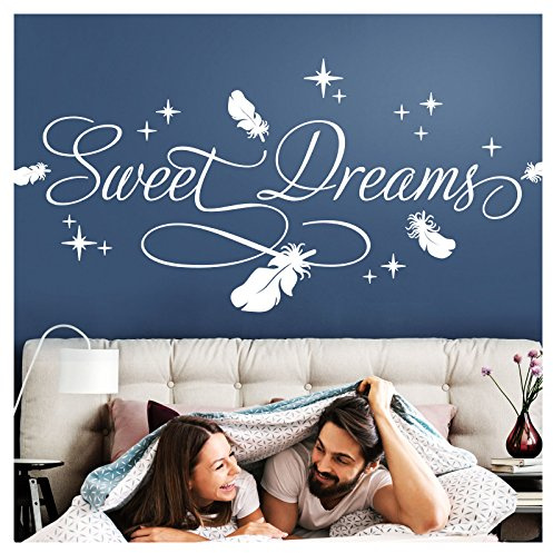 Wandora Wandtattoo Spruch Sweet Dreams I schwarz (BxH) 100 x 45 cm I Sterne Federn Schlafzimmer Kinderzimmer Sticker Aufkleber Wandaufkleber Wandsticker W1483