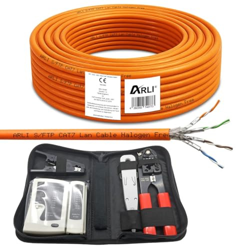 ARLI CAT 7 Verlegekabel 50m Netzwerkkabel + Werkzeug Set Crimpzange + LSA Anlegewerkzeug + Tester + Messer Halogenfrei Installationskabel Kabel Netzwerk Verkabelung Datenkabel CAT7 AWG23/1 Werkzeug