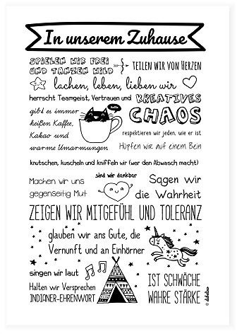Poster für Kinderzimmer: Unser Zuhause/Familie: Spruch (DIN A3, schwarz-weiß, Familienregeln, Einhorn)