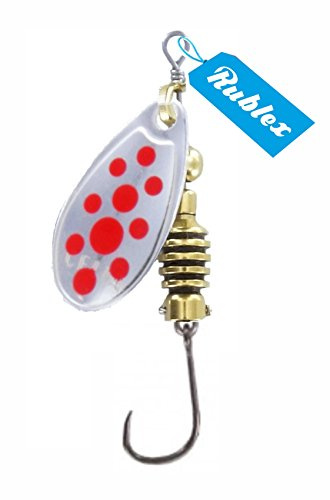 Rublex - Pack de 5 Cucharillas de Pesca Celta-3 APR | Cebo Artificial de Pesca con Anzuelo Simple sin Muerte Fácilmente Intercambiable con Sistema Quita-Vueltas, Color APR Plata Puntos Rojos, 5gr