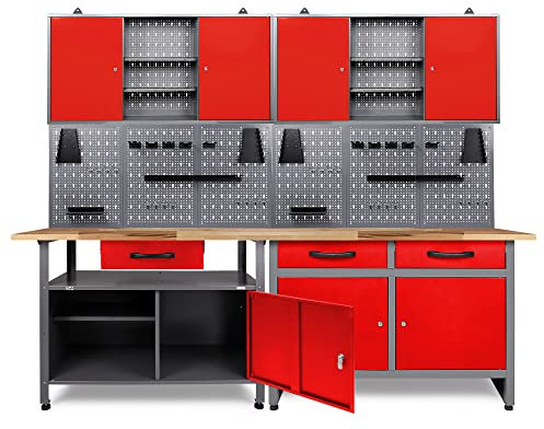 Ondis24 Werkstatt Set Schöpfer 240 cm Werkbank Hängeschrank Werkzeug Lochwand (Arbeitshöhe 85 cm, Rot)