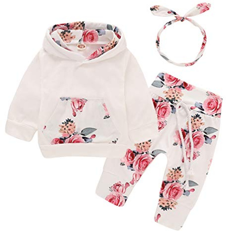 EDOTON Outfits Suit Neonato Bambina Manica Lunghe Cappuccio Vestiti Cappotto Floreale Top Felpa & Pantaloni Due Pezzi Suit (12-18 Mesi, Fiore)