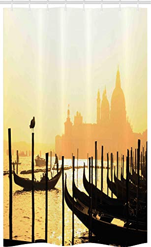 ABAKUHAUS Venedig Schmaler Duschvorhang, Romantische Stadt bei Sonnenaufgang, Badezimmer Deko Set aus Stoff mit Haken, 120 x 180 cm, Senf und Schwarz