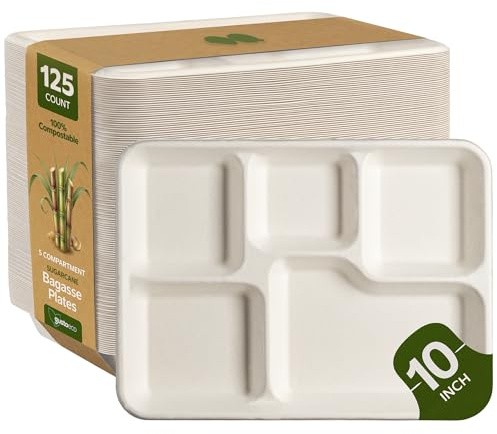Comfy Package 100% Compostable 5 Compartment Plates [125 Pack] Eco-Friendly Disposable Sugarcane Paper Trays