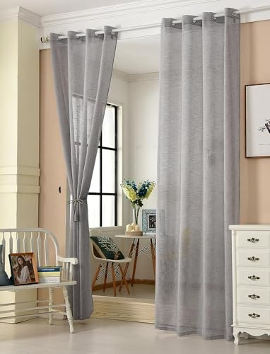 WOLTU 2er Set Gardinen transparent mit Ösen Leinenoptik Vorhang Ösenschal Halbtransparent Stores Voile Fensterschal Deko Leinenvorhang für Wohnzimmer Kinderzimmer Schlafzimmer, 140x145 cm Dunkelgrau
