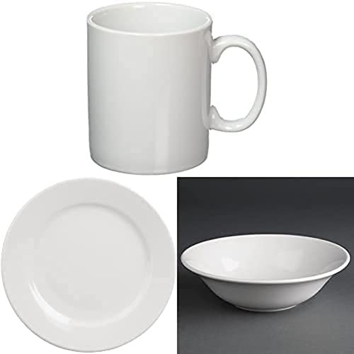 Athena Hotelware Mugs 10oz Porcelain White Coffee Tea Cup Dishwasher Safe with Hotelware Wide Rimmed Service Plates Porcelain White, Pack of 12 and Hotelware CC213 Oatmeal Bowl, 6 (Pack of 12)