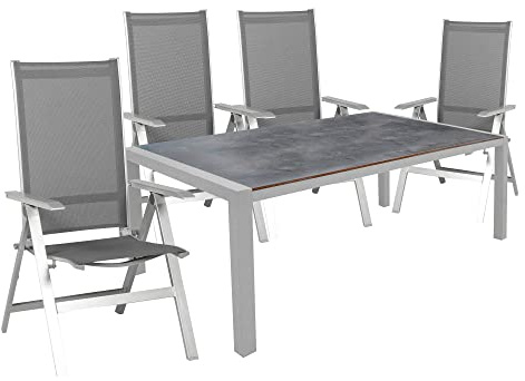 acamp Gartenmöbel Set wetterfest | Urban 4er Set Gartenstühle klappbar mit atmungsaktivem Acatex-Gewebe | Extensio Fix Gartentisch mit Aluminium-Gestell | Sitzgruppe Garten in Platin