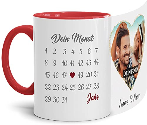 Paar-Tasse mit Kalender selbst gestalten - mit anpassbarem Jahrestag, mit Namen, Text & Foto Bedrucken - Geschenk Valentinstag, Jahrestag, Paar, Liebe - Innen & Henkel Rot, 300 ml