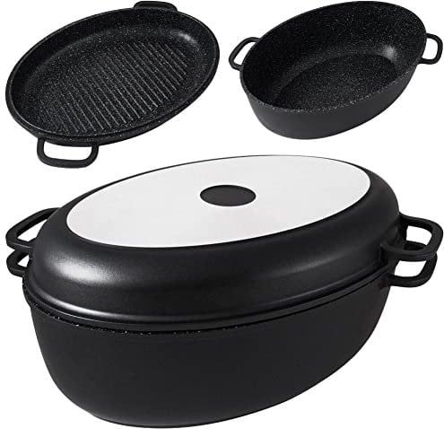 NAVA Roasting Tin with Lid 39.5cm - Self-Basting Roaster with Multifunctional Grill Plate Lid, Deep Casserole Dish Oven Proof, Die-Cast Aluminium, Non Stick Stone Coating, PFOA-Free, Easy Cleaning