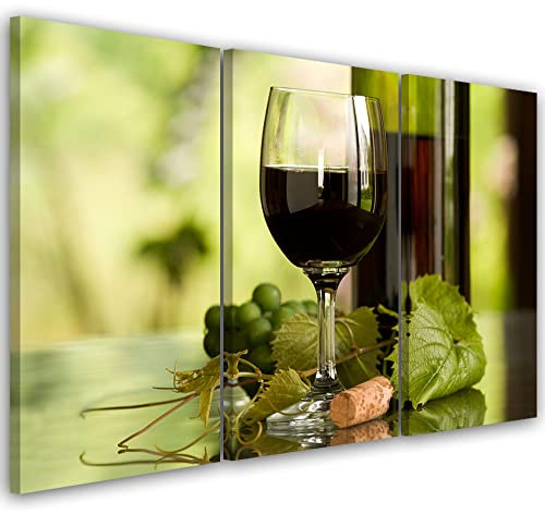 Feeby 3 parti Quadro Tela Non Tessuta 90x60 cm Bicchiere Vino Bottiglia Foglia d'uva Foto d'Arte Decorazione Murale Corridoio Alcool Uva Bevanda Sughero verde