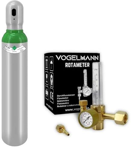 Argon 4.8 bouteille de gaz pleine 8L 1,5m3 avec régulateur rotamètre Vogelmann