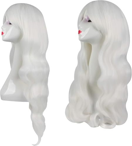 YEESHEDO Weiß Cosplay Perücke für Frauen Langes Gewelltes Haar Synthetische Perücken mit Pony für Halloween Party Kostüm Anime 32 Zoll 80 cm