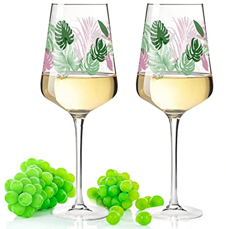 GRAVURZEILE Leonardo Puccini Weinglas mit UV-Druck - Tropical Jungle Design - Geschenk für Weingenießer zum Grillfest Sommerfest - Sommer Geschenk mit tropischen Pflanzen & Blätter Motiv für Sie & Ihn
