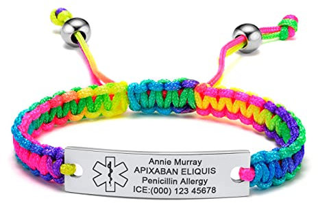 Personalisierte Medizinisches Armband Damen - Gravur Handgefertigt Einstellbare Geflochtene Seil Notfall Identifikation Armband für Frauen Jugendlich, Individuell Medizinische Armbänder,Mehrfarbig