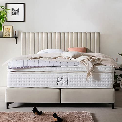 Boxspringbett Paris 180x200 Samt, mit Visco-Topper, Pfeifensteppung, Hotelbett, ohne Bettkasten, 7 Zonen Taschenfederkern-Matratze, Aufbau KOSTENLOS (Creme, 180x200 cm mit Topper)