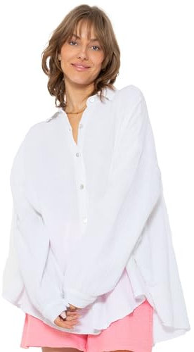 SASSYCLASSY Oversize Musselin Bluse Damen Langarm - Oversized Freizeit Look - Hemdbluse lang aus Baumwolle mit V Ausschnitt - Long-Bluse One Size (Gr. 36-48) Weiß