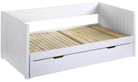 Vente-unique-Ausziehbett - 90 x 190 cm oder 174 x 190 cm - mit ausziehbarem Lattenrost und Schublade - Kiefer & MDF - Weiß - ALFIERO II