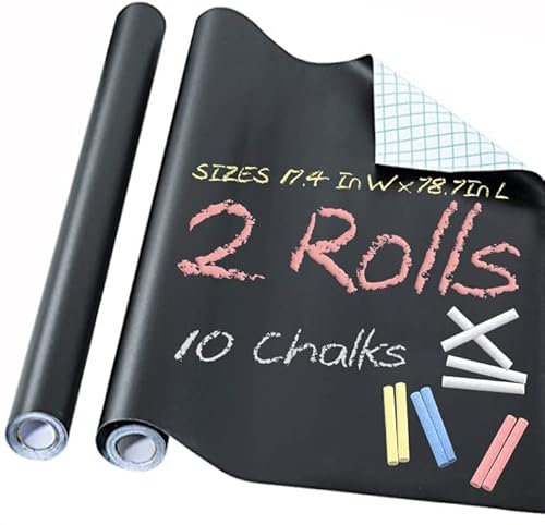 2 Rolls Blackboard Paper Chalkboard Sticker, Black Boards for Walls, Free: 10 Colorful Chalks, Large 17.3 X 78.7 , Chalkboard Vinyl Paper Removable Wallpaper for Home Office