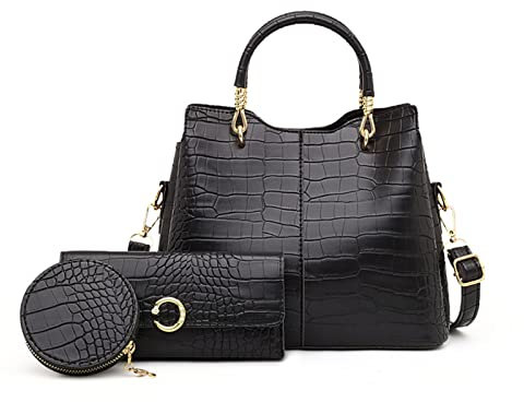 NICOLE & DORIS Handtaschen Damen Set Shopper Schultertasche Krokodil Handtasche Mittelgroß Frauen Umhängetasche PU Leder Büro Henkeltasche 3-Teiliges Tasche mit Geldbörse Schwarz
