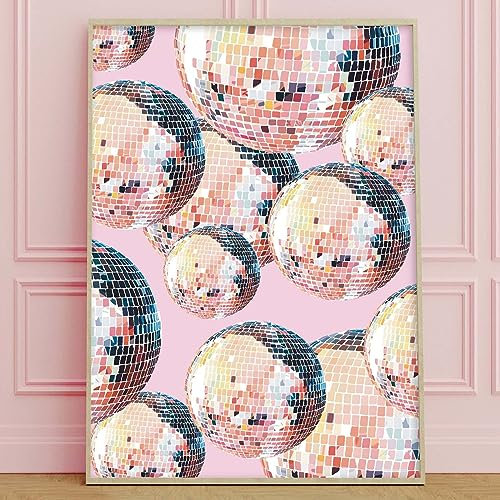 Gotletaeld Discokugel-Wandkunst, pinkes Disco-Poster, flippige Leinwand-Wandkunst, adrette, ästhetische Raumbilder, trendige, flippige Poster, Girly-Poster für Schlafzimmer, Vintage-Disco-Druck,