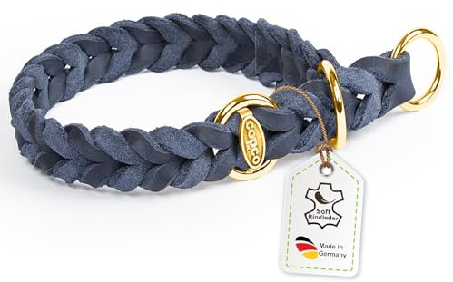 CopcoPet Hundehalsband Würger 40–45 cm x 20mm Marineblau – Geflochtenes Halsband mit Zugstopp & Messing Ring – Aus robustem Fettleder – Für mittelgroße Hunde – Weiches Lederhalsband fürs Training