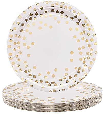 TOPWAYS Disposable Paper Plates, 9inch 50 Pcs White Champagne Gold Dot Large Paper Plates Party Tableware Dinnerware Disposable Dish Platess for Weddings Birthday Engagement Christmas BBQ Picnics