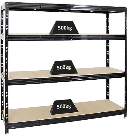 PROREGAL Profi Schwerlastregal Rhino EXTRA BREIT schwarz HxBxT 180x200x60cm Fachlast 500kg 4X Spanplatten-Ebenen 16mm Garagenregal, Lagerregal, Steckregal, Weitspannregal