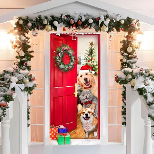 200 x 90 cm Weihnachten Tür Abdeckung Dekoration Haustür Decke Wand Hängen Banner Fotografie Hintergrund für Weihnachtsfeier Feiertag Winter Neujahr Toilettentür Deko (Weihnachtskatzen und -hunde)