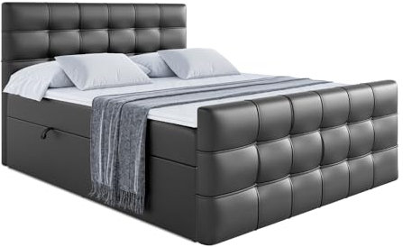 ALTDECOR Boxspringbett mit H3-Matratze (20 cm hoch) mit Bonellfederung, Kunstlederbett, Topper (4 cm hoch), Polsterbett mit Kopfteil und Bettkasten - SOLARIO - 180x200 - Schwarz Kunstleder