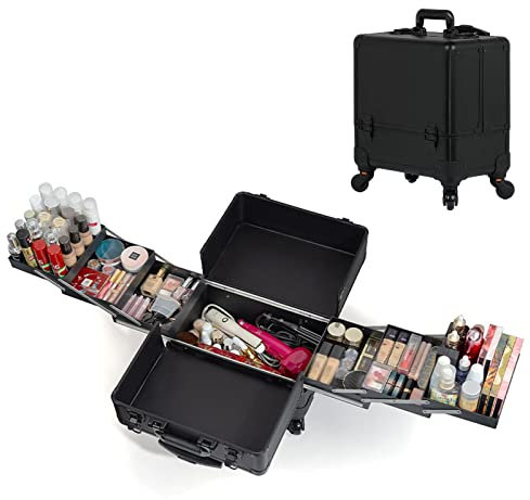 HJXGQJM Rolling De Aluminio Maletín De Maquillaje Profesional Estuche para Maquilladores, Estuche Maquillaje De Viaje Beauty Case Portátil, Estuche De Manicura, Negro/Rosa (Color : Noir)