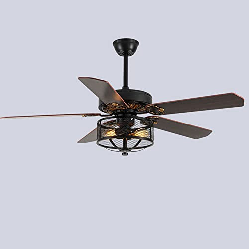 Ventilador de techo retro industrial, ventilador de techo negro grande de 52 pulgadas con 2 luces, luz de ventilador silenciosa de velocidad del viento de 3 engranajes para comedor, sala de estar,