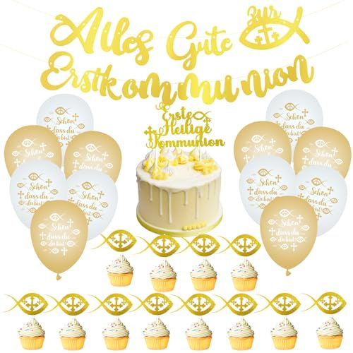 25 pcs Kommunion Deko,mit 12 Kommunion deko luftballons,1 Girlande konfirmation,13 Kommunion Cake Topper,Taufe deko,Erstkommunion deko,Taufe Konfirmation,Kommunion Deko,Mädchen Junge Taufedeko(Golden)