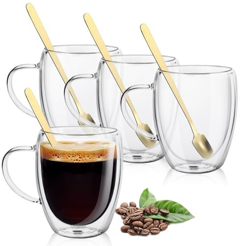 4x350ml Double Walled Glass Coffee Mugs with Handles and Spoons, Heat Resistant, Reusable Latte Glass Tea Cups Cappuccino Hot Chocolate Mug, Clear Borosilicate Cups for Hot and Cold Drinks