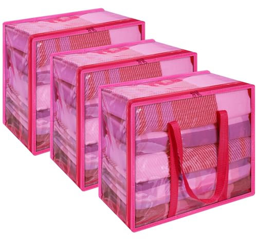 Vieshful 3 Pack Clear Storage Bags Clothes Storage Bags with Zips 90L Transparent Underbed Storage for Clothing, Blankets, Duvet, Pillow, Pink