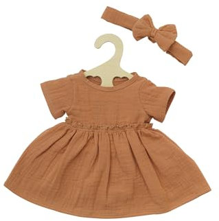 Heless 2425 - Puppenkleidung aus Musselin, 100 Prozent Bio-Baumwolle, 2-teiliges Set mit Kleid und Haarband in Karamell für Puppen und Kuscheltiere der Größe 35-45 cm
