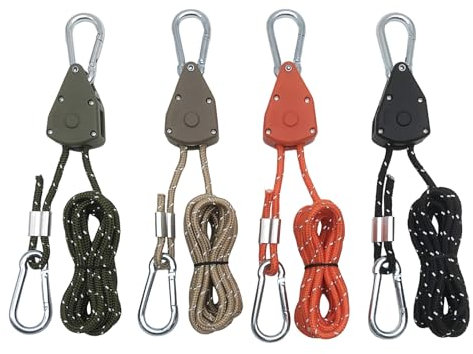 4 Stück Seilratsche mit Haken, Verstellbarer Seilaufhänger Ratschenseil, Einstellbare Seil Ratsche für Pflanzenlampe, 1/8 Zoll Ratchet 2m Seil