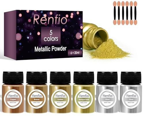Renfio Metallic-Pigmentpulver, 5 Farben Gold-Glimmerpulver für Harz, 6 x 20 ml Metallpulver, Harzfarbpigment, Farbpigment für Epoxidharz, Kintsugi, Polymer Clay, Kerzenfarbe