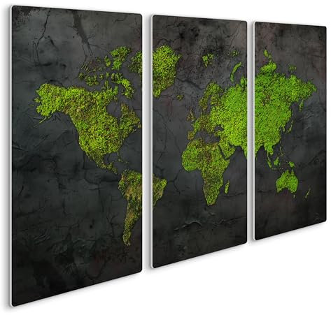 HEALANCY Bilder Weltkarte - KOMPLETT AUFHÄNGFERTIG - Wandbilder Wohnzimmer - Deko Modern - Schlafzimmer - Kunstdruck Wanddeko Küche - Mooskarte Natur Landkarte